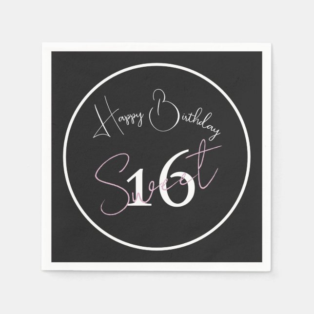 Modern Minimalist 16th Black White Pink Birthday Napkin (Front)