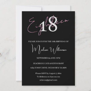 Modern Minimalist 18 Black Pink Birthday Invitation