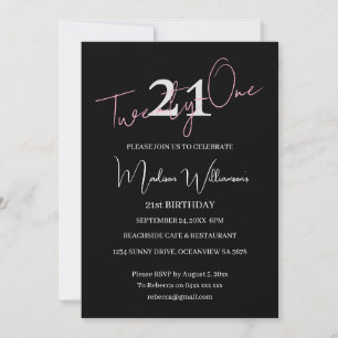 Modern Minimalist 21st Black Pink Birthday  Invitation