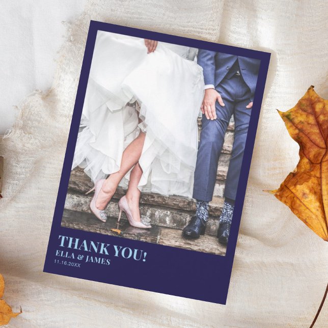 Modern Minimalist 2 Photo Navy Blue Wedding Thank You Card (Creator Uploaded)