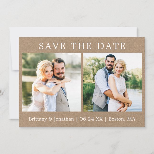 Modern Minimalist 2 Photo Save The Date Kraft Card (Front)