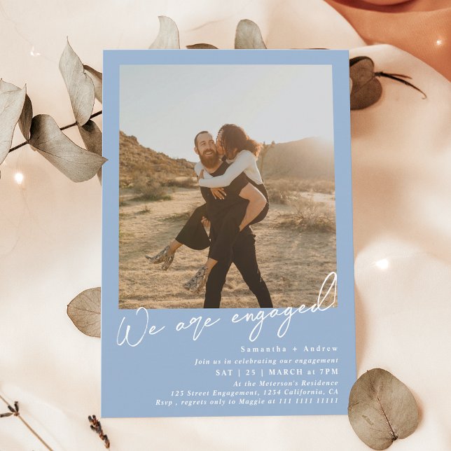 Modern minimalist 2 photos engagement party blue invitation (Modern minimalist 2 photos engagement party blue invitation)