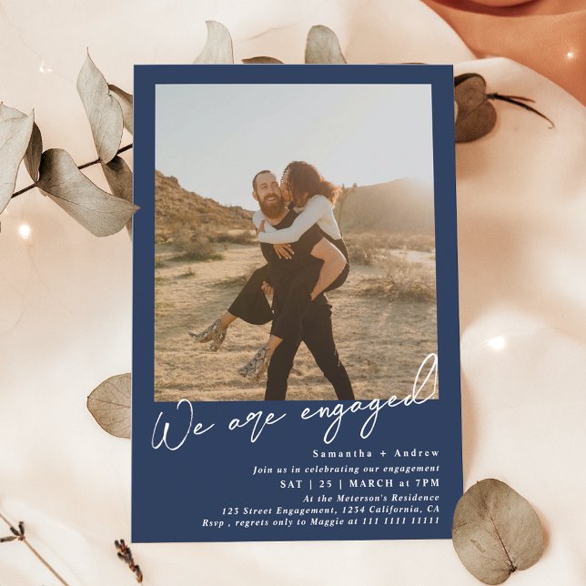 Modern minimalist 2 photos engagement party navy invitation (Modern minimalist 2 photos engagement party navy blue invitation)
