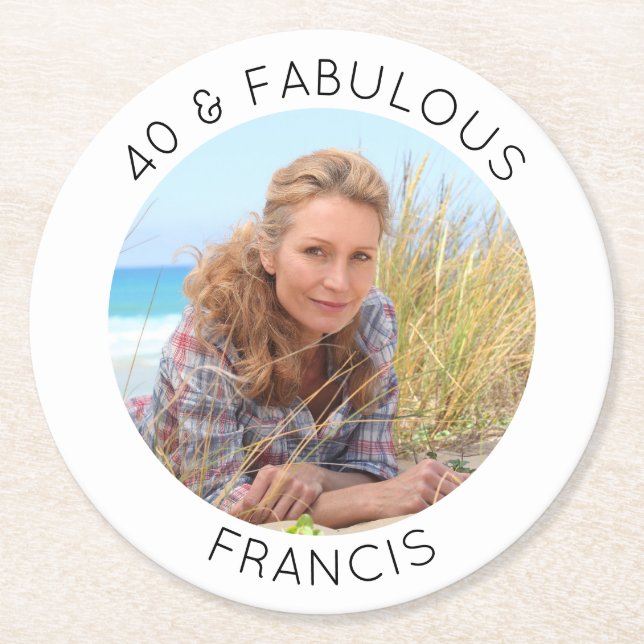 Modern Minimalist 40 & Fabulous Photo Round Paper Coaster (Front)