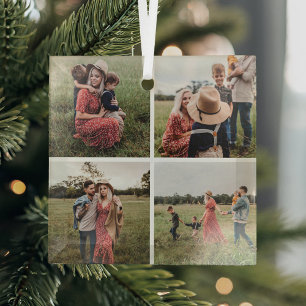 Modern Minimalist 4 Photo Collage Christmas Glass Ornament
