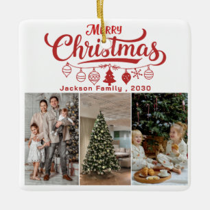 Modern Minimalist 4 Photo Collage Family Name Year Ceramic Ornament