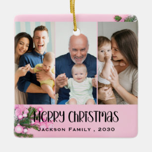 Modern Minimalist 4 Photo Collage Family Name Year Ceramic Ornament