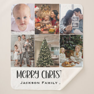 Modern Minimalist 4 Photo Collage Family Name Year Sherpa Blanket