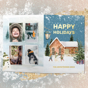 Modern Minimalist 4 Photo Family Name Foil Holiday Card