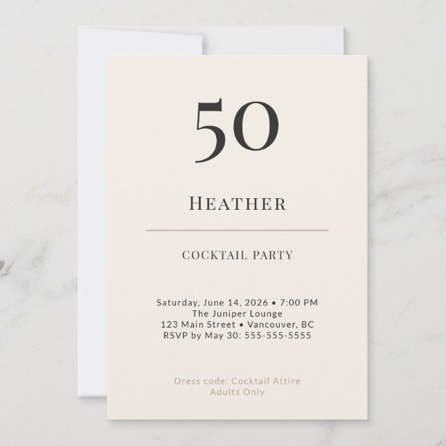 Modern Minimalist 50th Birthday Cocktail Party Invitation (Front)