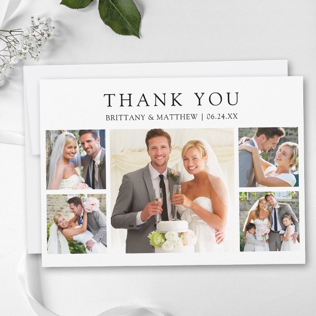 Modern Minimalist 5 Photo Wedding Thank You Card (Customize to change text size or text style.)