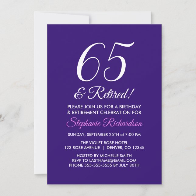 Modern Minimalist 65 and Retired Purple Retirement Invitation (Front)