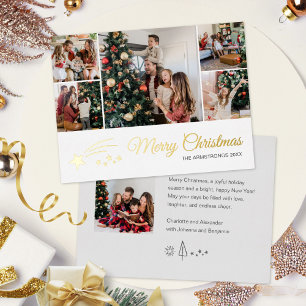 Modern Minimalist 6 Photo Family Name Foil Holiday Postcard