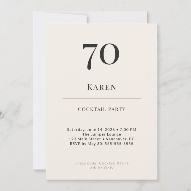 Modern Minimalist 70th Birthday Cocktail Party Invitation (Front)