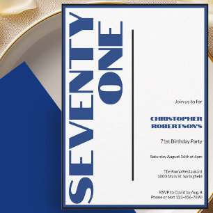 Modern Minimalist 71st Birthday Blue and Black Invitation