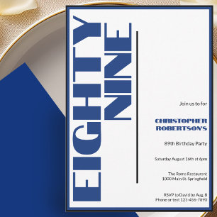 Modern Minimalist 89th Birthday Blue and Black Invitation