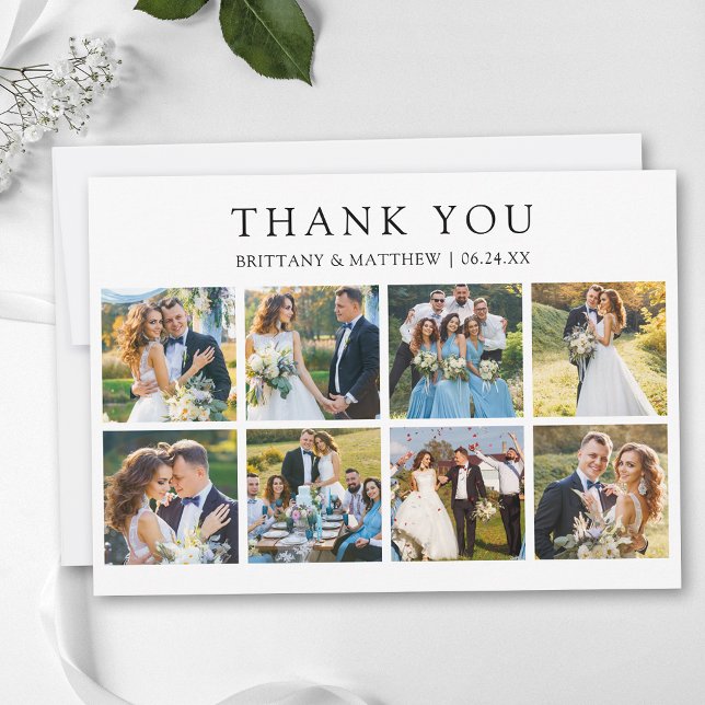 Modern Minimalist 8 Photo Wedding Thank You Card (Customize to change text size or text style.)
