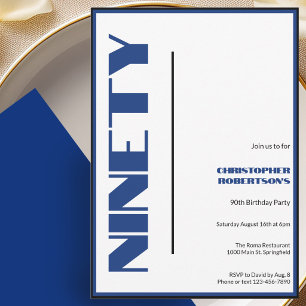 Modern Minimalist 90th Birthday Blue and Black Invitation