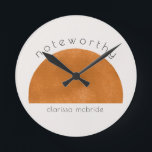 Modern Minimalist Abstract Sun Personalized  Round Clock<br><div class="desc">design features a modern abstract brilliant sun shape with the word Noteworthy in a modern typography block script.  Easily customize your name of choice.  Ideal keepsake and memories gift for all occasions.</div>