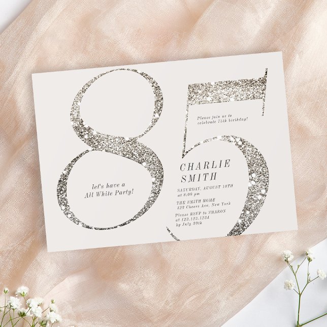 Modern minimalist all white party 85th birthday invitation (Modern minimalist all white party 85th birthday invitation)