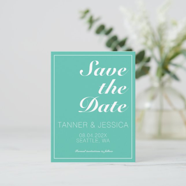 Modern Minimalist Aqua & White Save The Date  Announcement Postcard (Standing Front)
