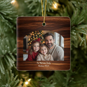 Modern Minimalist Arch Family Photo Woodgrain Ceramic Ornament