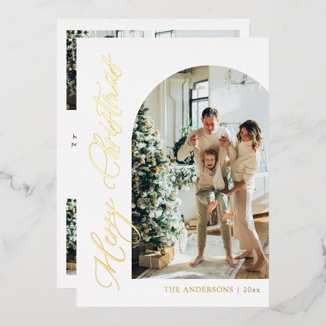 Modern Minimalist Arch Photo Merry Christmas Gold Foil Holiday Card (Front/Back)
