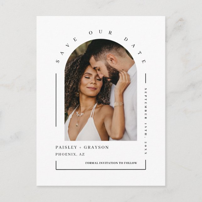 Modern Minimalist Arch Photo QR Code Save Our Date Postcard (Front)