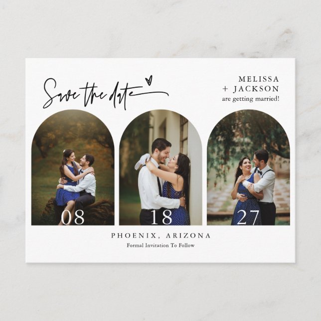 Modern Minimalist Arch Photo QR Code Save the Date Postcard (Front)