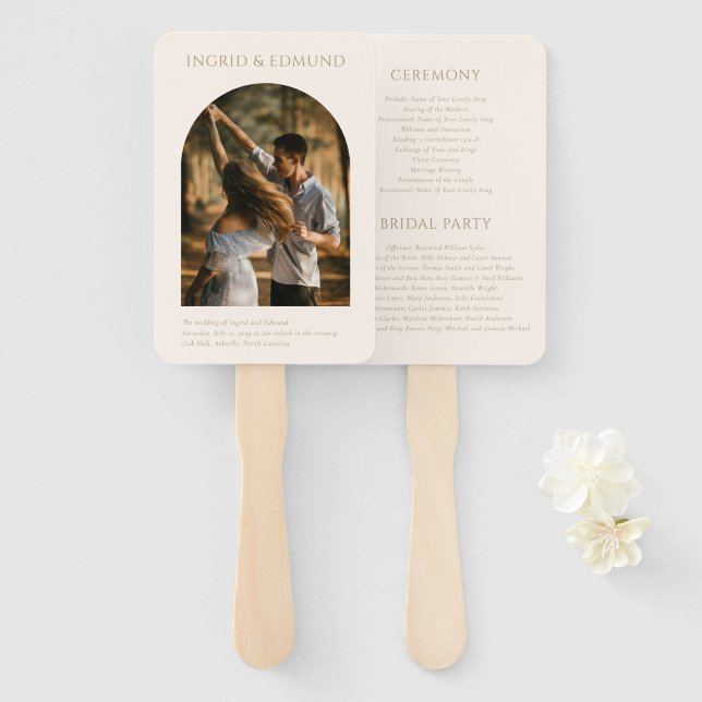 Modern Minimalist Arch Photo Wedding Program Hand Fan (Front and Back)