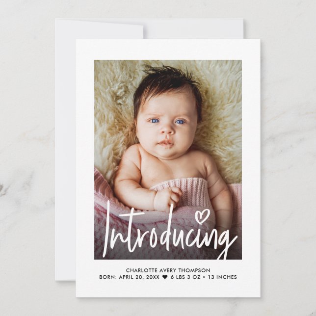 Modern minimalist Baby Girl Photo Birth Stats Invitation (Front)