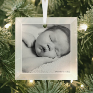 Modern Minimalist Baby Photo Birth Year Christmas Glass Ornament