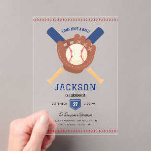 Modern Minimalist Baseball Batter Up Birthday Acrylic Invitations