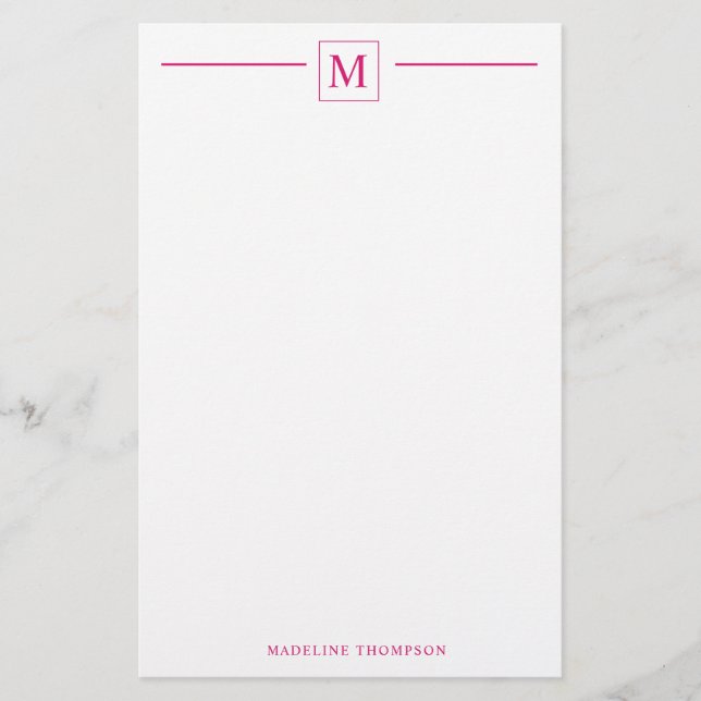 Modern Minimalist Basic Magenta Monogram Line Stationery (Front)