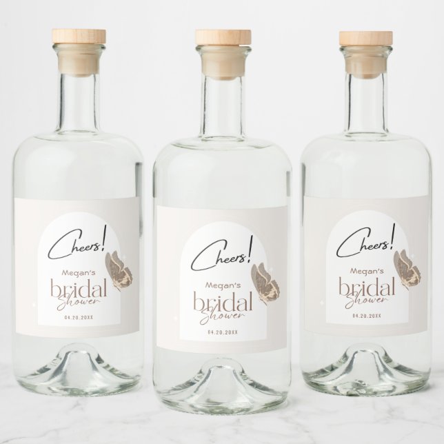Modern Minimalist Beige Butterfly Bridal Shower Liquor Bottle Label (Bottles)