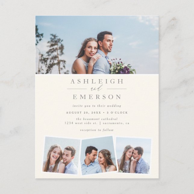 Modern Minimalist Beige Photo Collage Wedding Invitation Postcard (Front)