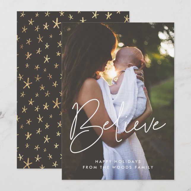 Modern Minimalist Believe Inspirational Photo Holiday Card (Front/Back)