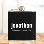 Modern Minimalist Best Man Groomsmen Gifts for Him Hip Flask<br><div class="desc">This stylish groomsman flask showcases the names, titles, and date in bold, fashionable white minimalist typography against a black backdrop. To personalize, simply enter the groomsmen's names, titles, and the date in the designated section to create your own wedding party flasks. While displayed as a groomsman flask, the title can...</div>