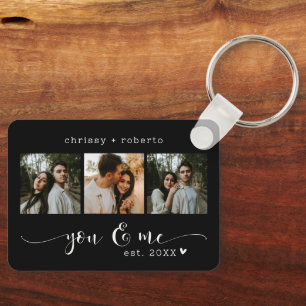 Modern Minimalist Black 3 Photo Script Collage Keychain