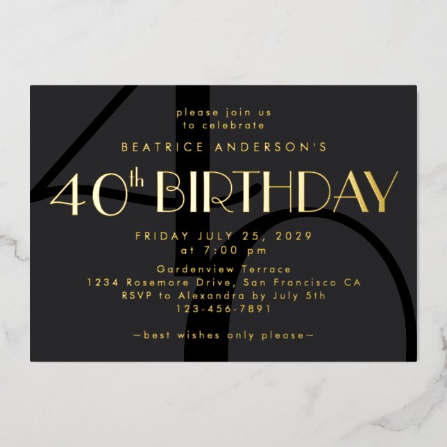 Modern Minimalist Black 40th Birthday Gold  (Front)