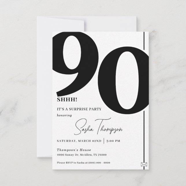 Modern minimalist black 90th birthday invitation (Front)