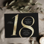 Modern minimalist black and gold 18th birthday invitation<br><div class="desc">Modern minimalist 18th birthday party invitation features stylish faux gold foil number 18 and your party details in classic serif font on black background colour,   simple and elegant,  great surprise birthday invitation for men and women.  
the black background colour can be changed to any colour of your choice.</div>