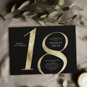 Modern minimalist black and gold 18th birthday invitation