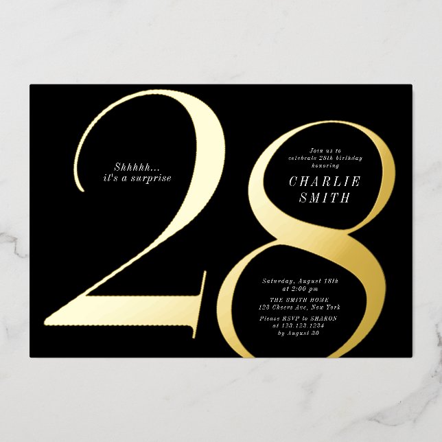 Modern minimalist black and gold 28th birthday (Front)