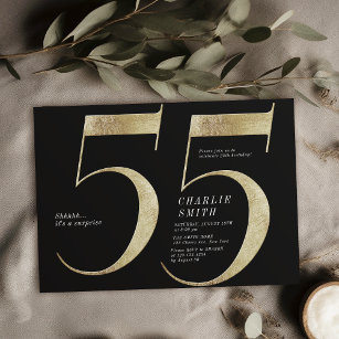 Modern minimalist black and gold 55th birthday invitation