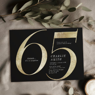 Modern minimalist black and gold 65th birthday invitation