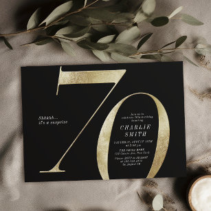 Modern minimalist black and gold 70th birthday invitation