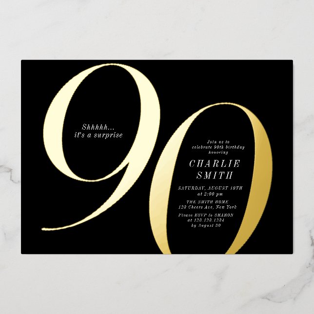 Modern minimalist black and gold 90th birthday (Front)
