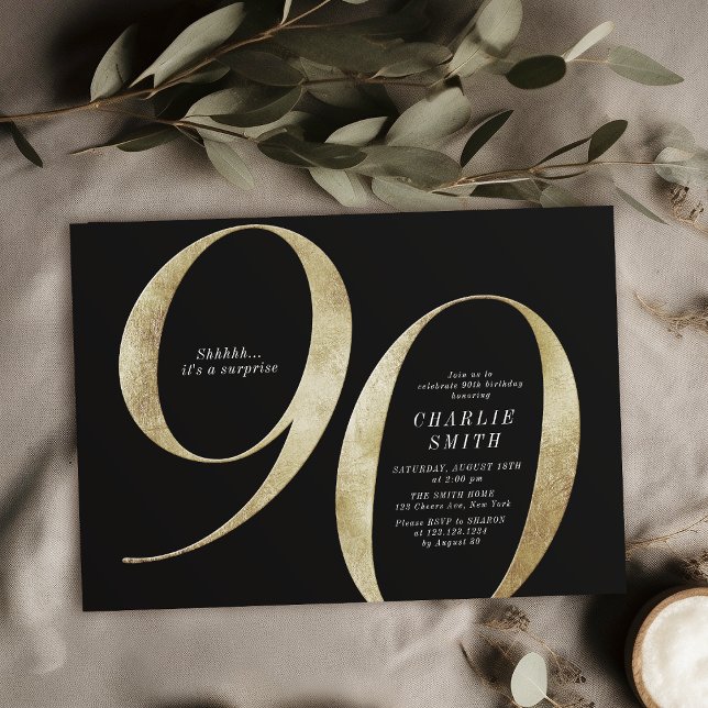 Modern minimalist black and gold 90th birthday invitation (Modern minimalist black and gold 90th birthday invitation)