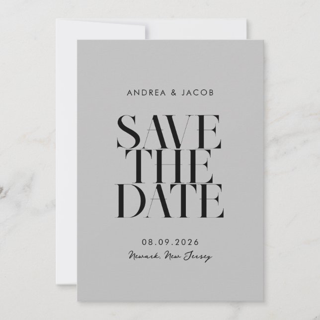 Modern Minimalist Black and Grey Chic Wedding Save The Date (Front)